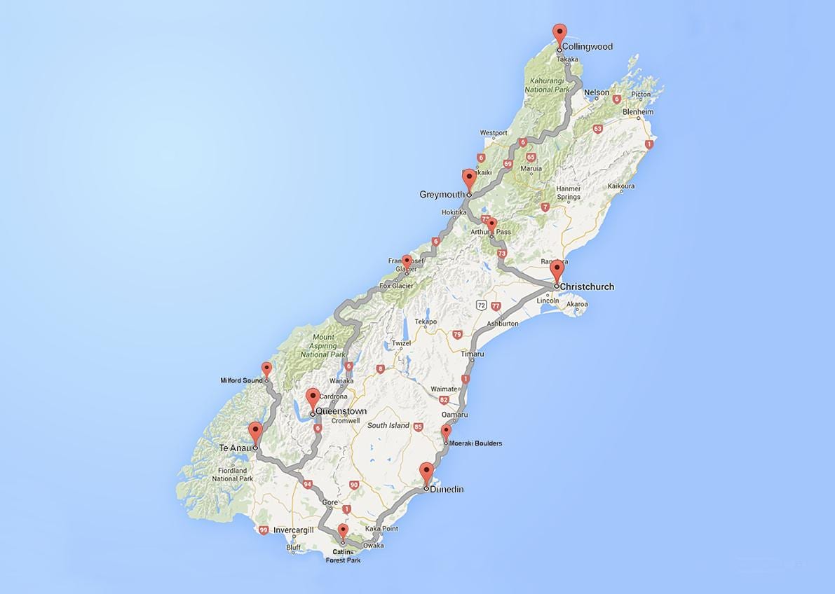 詳細な道路地図の南島ニュージーランド